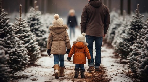 Young father and daughters walking to choose A christmas tree at the snowy farm. generative AI