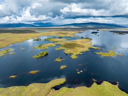Aerial view of the islands and surrounding peat swamp of Loch Ba