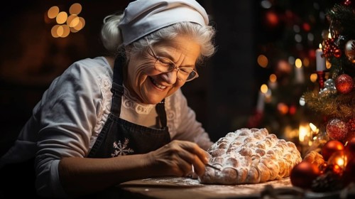 Happy elderly woman wearing her apron fixing her christmas pastries in the kitchen