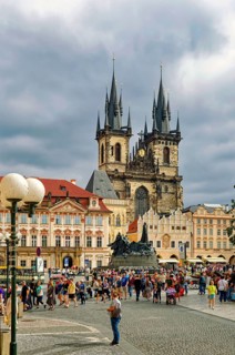 Jan Hus Monument and Teyn Church on Old Town Square