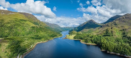 Aerial panorama of the eastern part of the freshwater loch Loch Leven