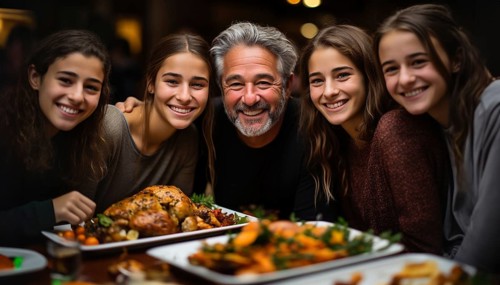 Thanksgiving family portriat at the seasonal dinner table