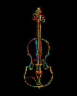 Hand drawn stylized violin sketch in colors over black background