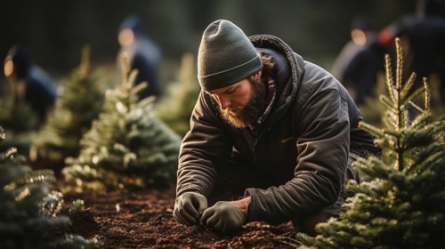 Young man working at the christmas tree farm planting new trees during the holiday season. generative AI
