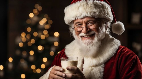Santa claus enjoying his glass of milk next to the christmas tree. generative AI