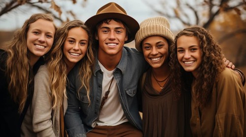 A few teenaged friends pose for a portrait as they enjoy the fall gathering on the farm