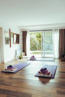 Empty yoga studio interior. Vertical shot