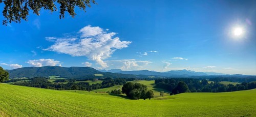 Panorama of the Alpine foothills in Chiemgau with Teisenberg