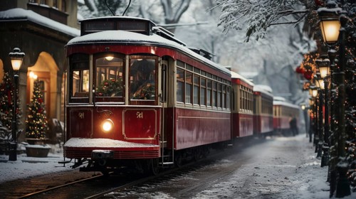 Festive christmas holiday decorated town trolley driving down the street. generative AI