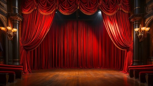 Dramatically lit lustrous red velvet theatre curtains and wooden stage floor. generative AI