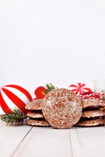Traditional German round glazed gingerbread Christmas cookie called 'Lebkuchen' with negative space