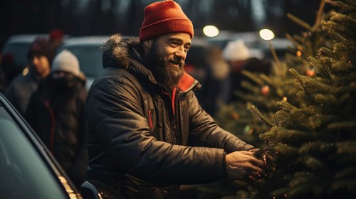 Young man working at the christmas tree farm during the holiday season. generative AI