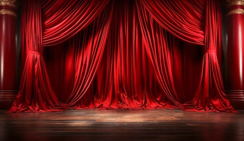 Dramatically lit lustrous red velvet theatre curtains and wooden stage floor. generative AI