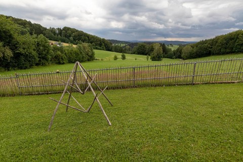 Rainy weather with meadow and farm