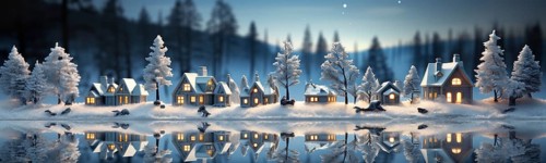 Miniature holiday christmas decorated town and snowy village scene banner. generative AI