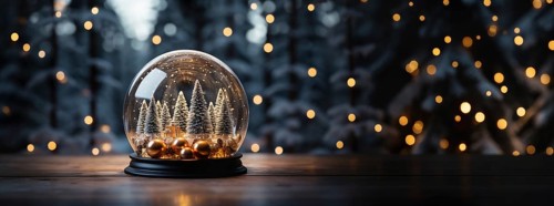 Christmas snow globe with pine trees and cabin on a wood surface banner. generative AI