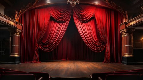 Dramatically lit lustrous red velvet theatre curtains and wooden stage floor. generative AI