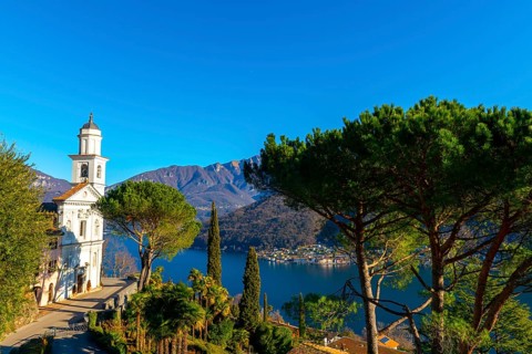 Church of Saints Fedele and Simone and Lake Lugano with Mountain in a Sunny Day in Vico Morcote