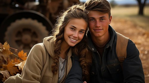 Cute teenaged couple enjoying a fall gathering on the country farm with friends