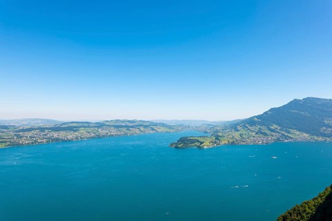 Aerial View over Weggis and Lake Lucerne and Mountain in Buergenstock