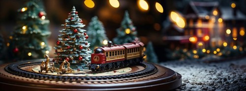 Model miniature troller train set and snowy christmas decorated town setting. generative AI