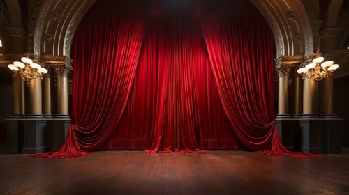Dramatically lit lustrous red velvet theatre curtains and wooden stage floor. generative AI