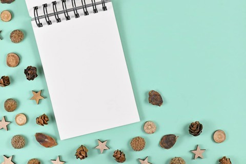 Empty notebook surrounded by seasonal decoration like wood slices and cones and Christmas star ornaments on mint green background