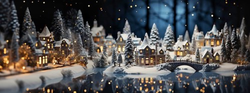 Miniature holiday christmas decorated town and snowy village scene banner. generative AI