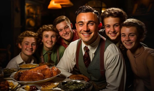 Vintage thanksgiving family portriat at the seasonal dinner table