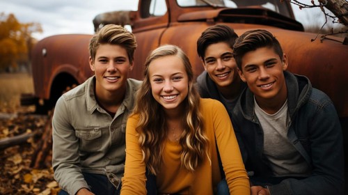 A few teenaged friends pose for a portrait as they enjoy the fall gathering on the farm