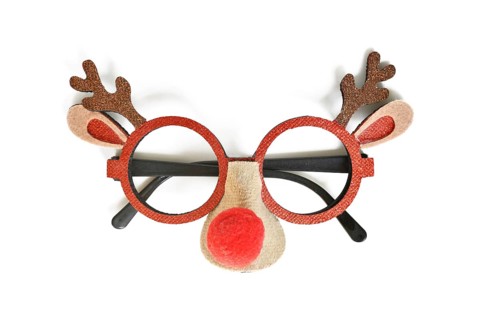 Funny Christmas reindeer eyeglasses on white background