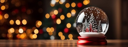 Christmas snow globe with pine trees and cabin on a wood surface banner. generative AI