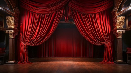 Dramatically lit lustrous red velvet theatre curtains and wooden stage floor. generative AI