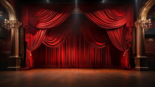 Dramatically lit lustrous red velvet theatre curtains and wooden stage floor. generative AI