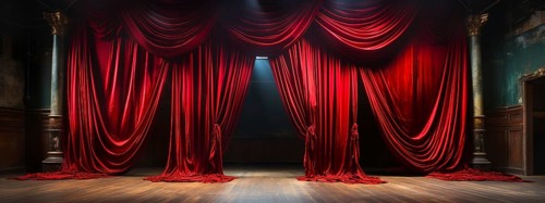 Dramatically lit lustrous red velvet theatre curtains and wooden stage floor. generative AI