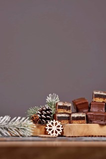 Halved traditional German sweets called 'Dominosteine'. Christmas candy consisting of gingerbread