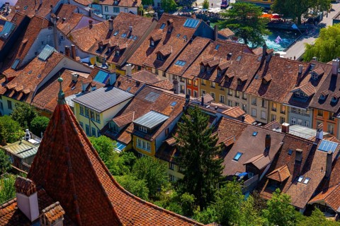 Aerial View over City of Thun and River Aare in a Sunny Day in Thun