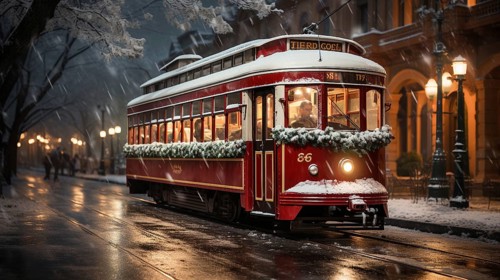 Festive christmas holiday decorated town trolley driving down the street. generative AI