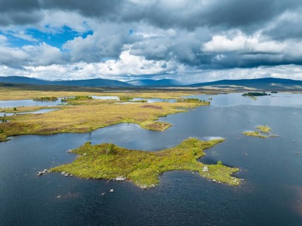 Aerial view of the islands and surrounding peat swamp of Loch Ba