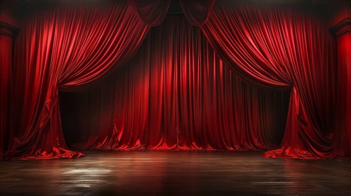 Dramatically lit lustrous red velvet theatre curtains and wooden stage floor. generative AI