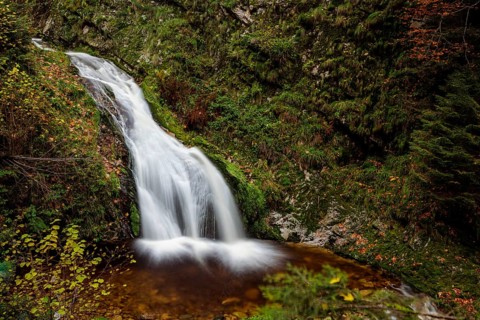 Mountain stream with waterfalls in autumn