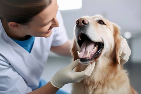 Friendly female veterinarian performing a check up on the dental health of a Golden Retriever dog. AI generated