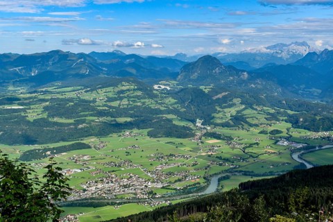 View from the Rossfeld panorama road near Berchtesgaden to Kuchl in the Salzach valley