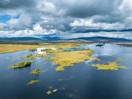 Aerial view of the islands and surrounding peat swamp of Loch Ba