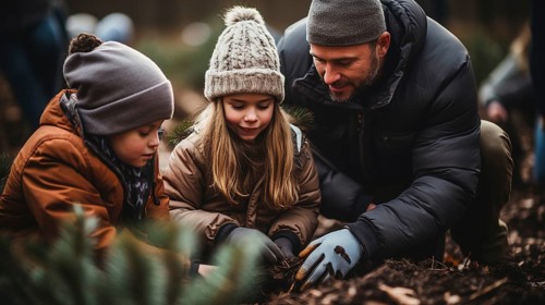 Young father and children planting christmas trees at the tree farm. generative AI