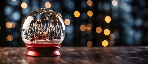 Christmas snow globe with pine trees and cabin on a wood surface banner. generative AI