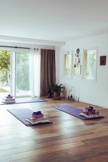 Empty yoga studio interior. Copy space. Vertical shot