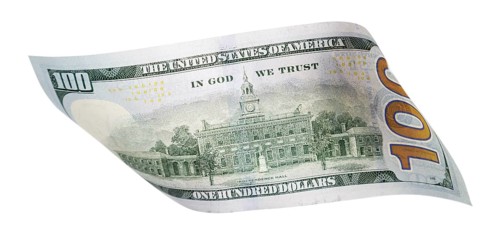 One hundred dollar bill falling or floating on empty background