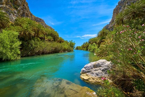 View of Kourtaliotis river and canyon near Preveli beach at Libyan sea