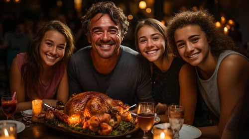 Thanksgiving family portriat at the seasonal dinner table